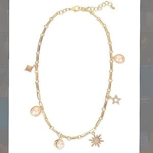 Gold-tone Crystal & imitation pearl celestial charm statement necklace 17”+2”
